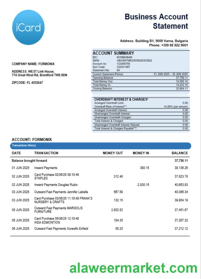 iCard business bank statement Word and PDF format